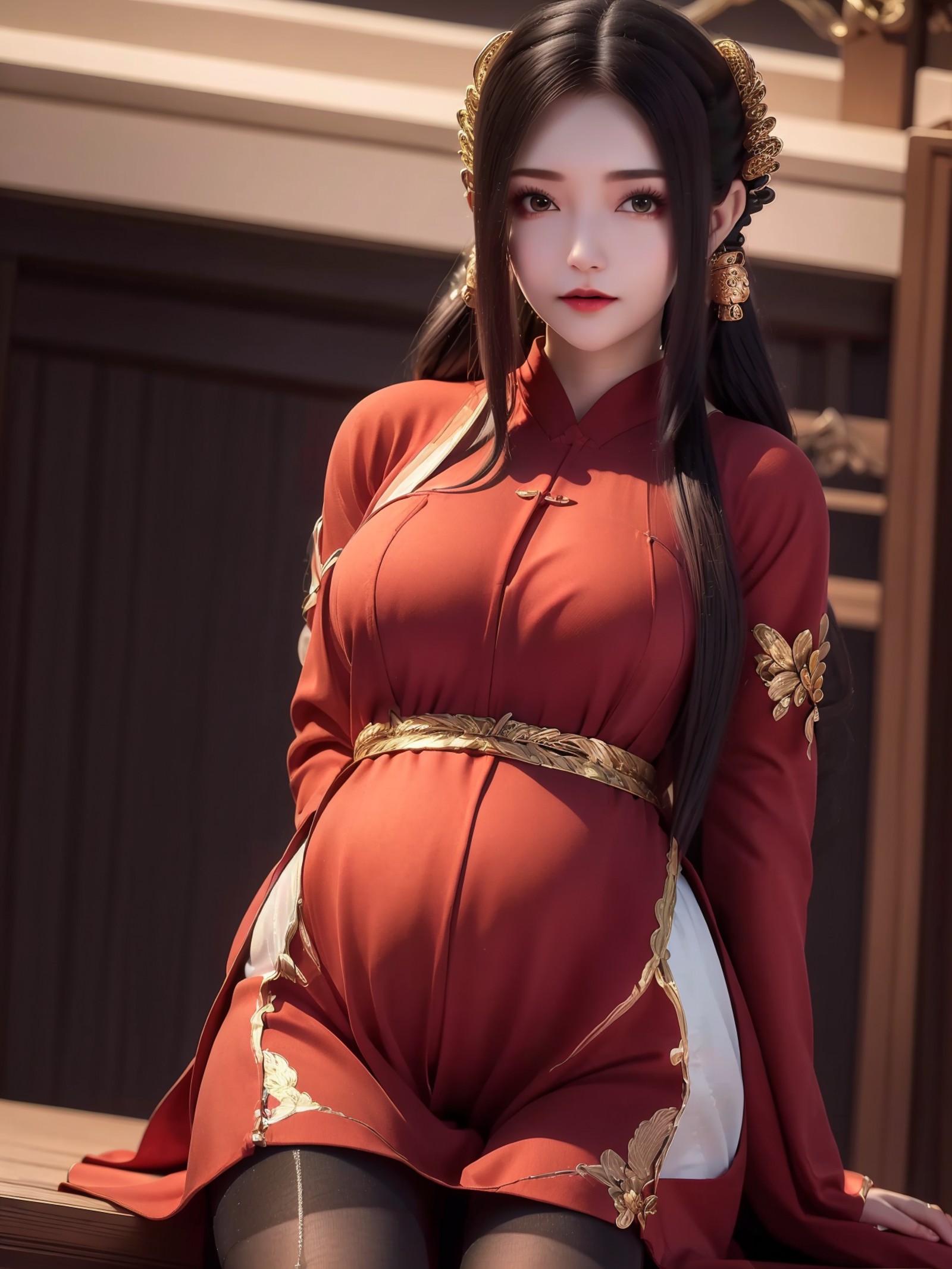 00054-3618358821-_lora_QinYining_20230814155004_0.8_QinYining, 1girl, solo, long hair, dress, hair ornament, red dress, brown hair, looking at vi.png